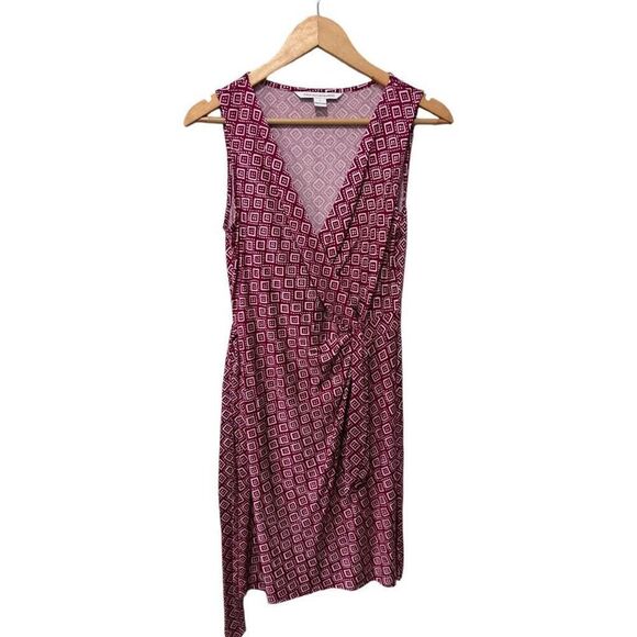 Diane Von Furstenberg Red V-Neck Faux Wrap Mini Dress Size 4 100% SILK - Picture 1 of 12